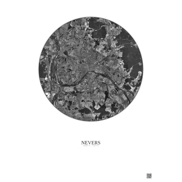 Affiche Nevers – Poster vue satellite 10km N&B | Gravura – Fond clair