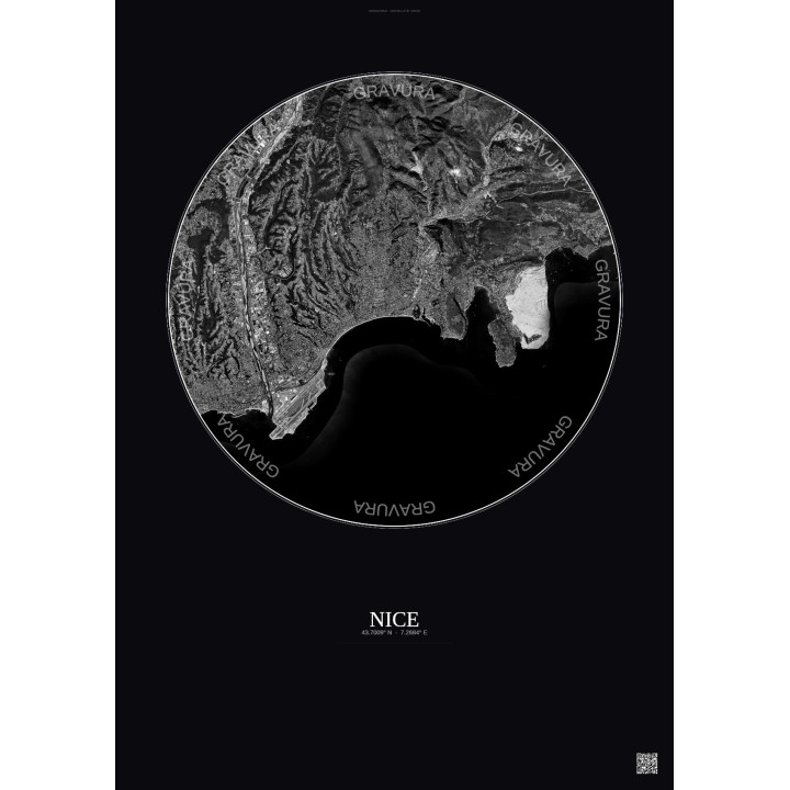 Affiche Nice – Poster vue satellite 10km N&B | Gravura – Fond foncé