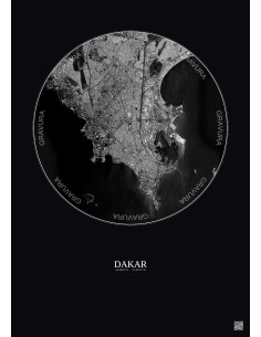 Affiche Dakar – Poster vue satellite 6km N&B | Gravura – Fond foncé 2