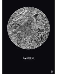Affiche Damascus – Poster vue satellite 10km N&B | Gravura – Fond foncé 2