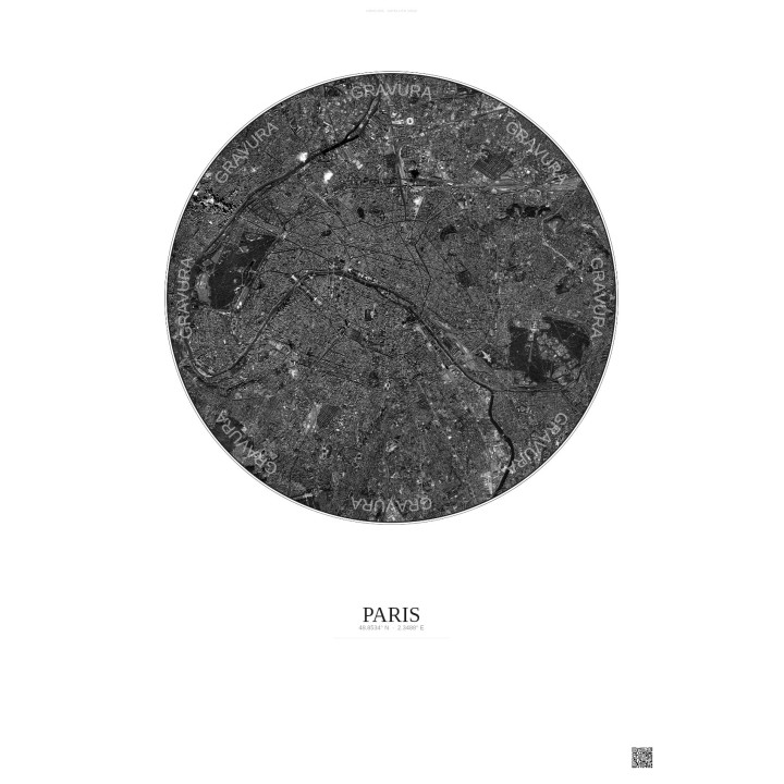 Affiche Paris – Poster vue satellite 10km N&B | Gravura – Fond clair
