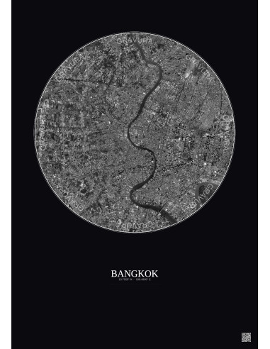 Affiche Bangkok – Poster vue satellite 10km N&B | Gravura – Fond foncé