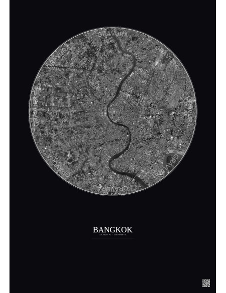 Affiche Bangkok – Poster vue satellite 10km N&B | Gravura – Fond foncé