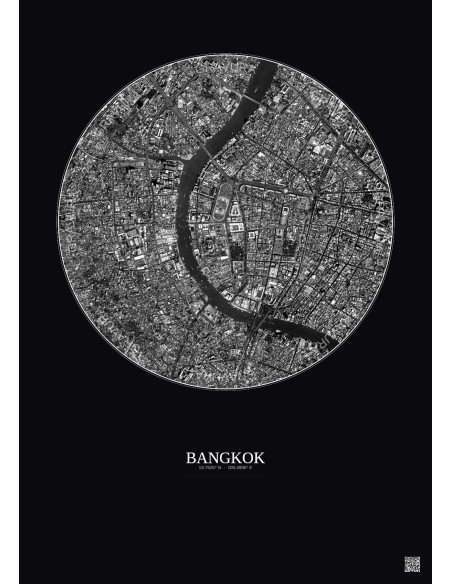 Affiche Bangkok – Poster vue satellite 2.5km N&B | Gravura – Fond foncé
