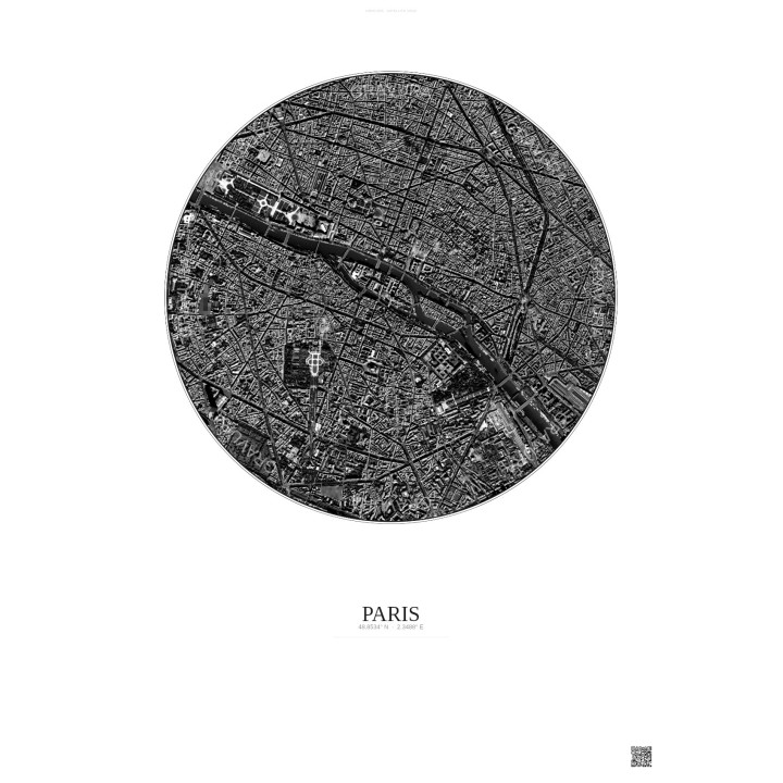Affiche Paris – Poster vue satellite 2.5km N&B | Gravura – Fond clair