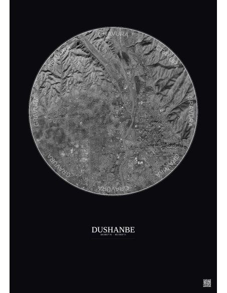 Affiche Dushanbe – Poster vue satellite 6km N&B | Gravura – Fond foncé