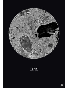 Affiche Tunis – Poster vue satellite 10km N&B | Gravura – Fond foncé