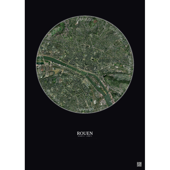 Affiche Rouen – Poster vue satellite 2.5km Couleur | Gravura – Fond foncé