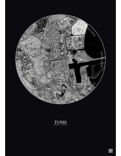 Affiche Tunis – Poster vue satellite 2.5km N&B | Gravura – Fond foncé