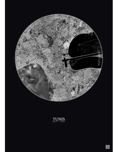 Affiche Tunis – Poster vue satellite 6km N&B | Gravura – Fond foncé