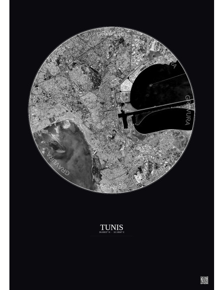 Affiche Tunis – Poster vue satellite 6km N&B | Gravura – Fond foncé