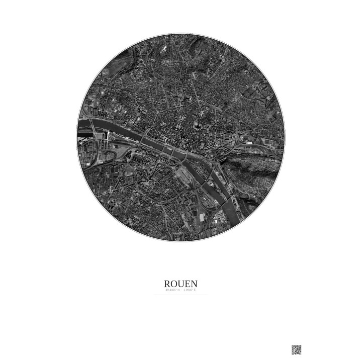Rouen Satellite View Poster 2.5km B&W | Gravura – Light background