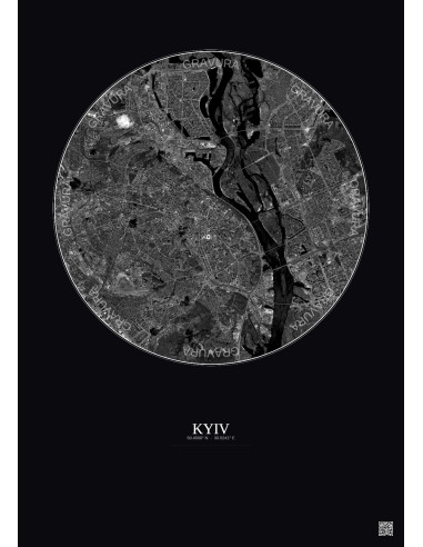 Affiche Kyiv – Poster vue satellite 10km N&B | Gravura – Fond foncé