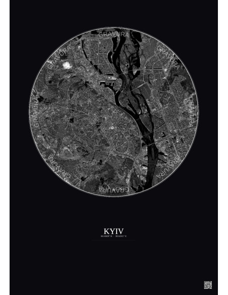 Affiche Kyiv – Poster vue satellite 10km N&B | Gravura – Fond foncé