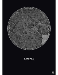 Affiche Kampala – Poster vue satellite 10km N&B | Gravura – Fond foncé