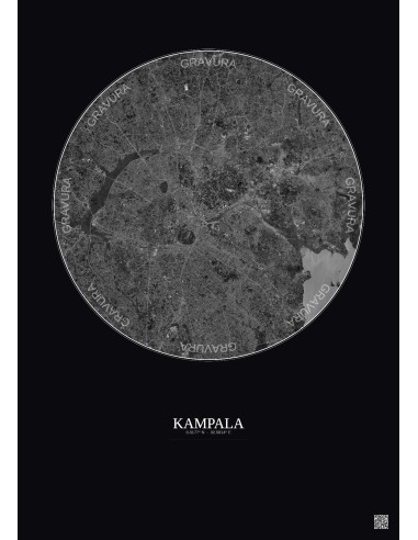Kampala Satellite View Poster 10km B&W | Gravura – Dark background