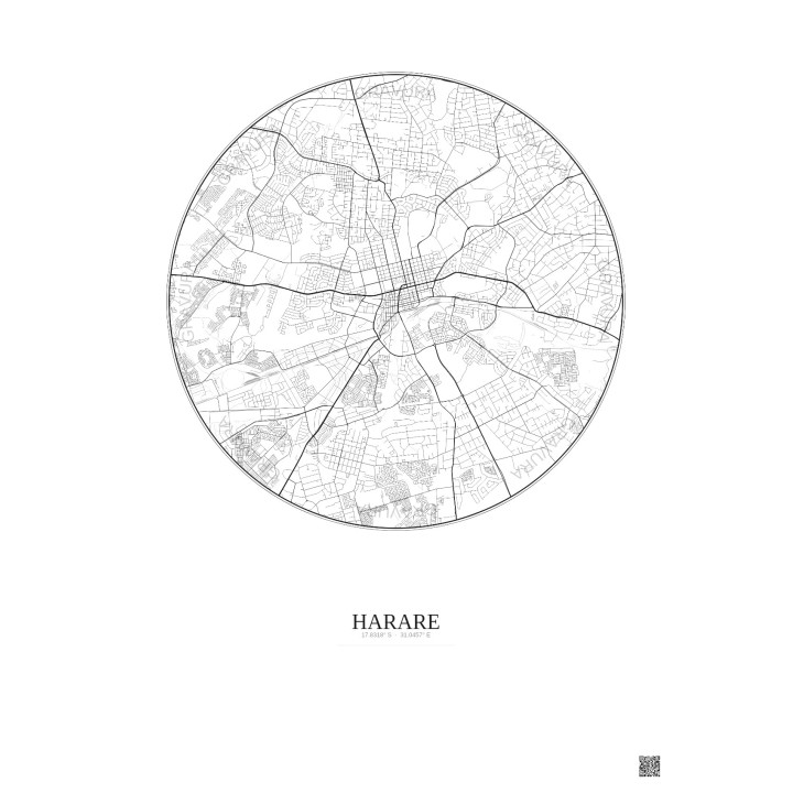 Affiche Harare – Poster carte de ville 10km | Gravura – Fond clair