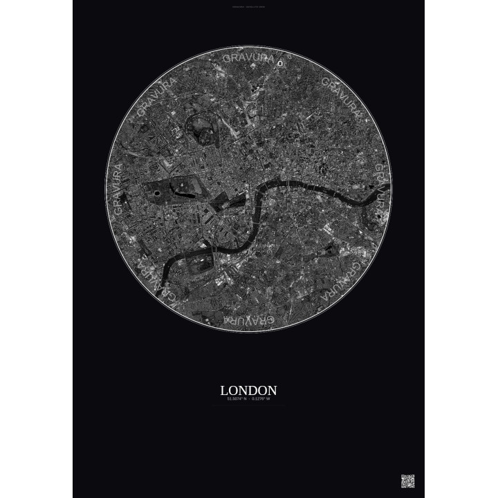 Affiche London – Poster vue satellite 6km N&B | Gravura – Fond foncé
