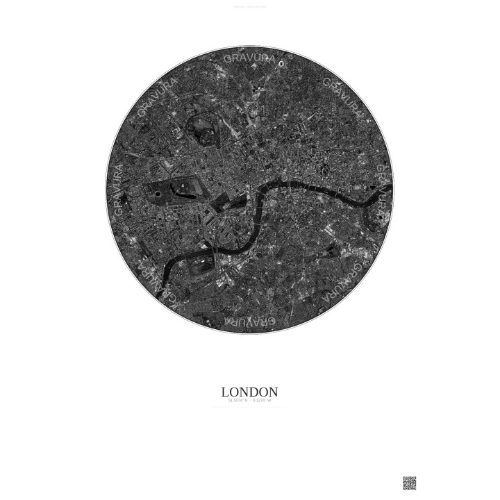 Affiche London – Poster vue satellite 6km N&B | Gravura – Fond clair