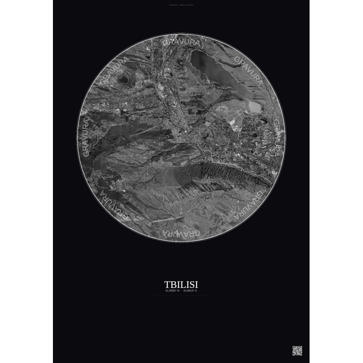 Affiche Tbilisi – Poster vue satellite 10km N&B | Gravura – Fond foncé