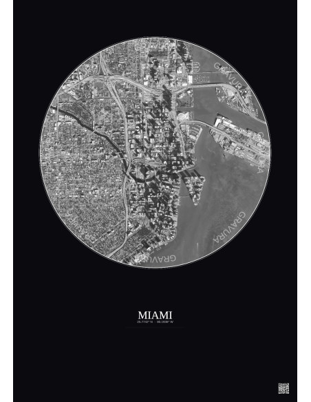 Affiche Miami – Poster vue satellite 2.5km N&B | Gravura – Fond foncé