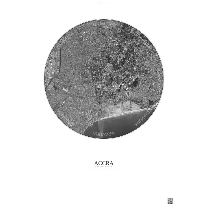 Affiche Accra – Poster vue satellite 2.5km N&B | Gravura – Fond clair