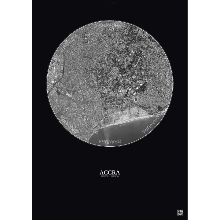 Affiche Accra – Poster vue satellite 2.5km N&B | Gravura – Fond foncé