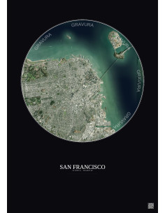 Affiche San Francisco – Poster vue satellite 6km Couleur | Gravura – Fond foncé