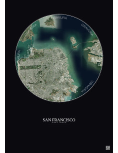 Affiche San Francisco – Poster vue satellite 10km Couleur | Gravura – Fond foncé