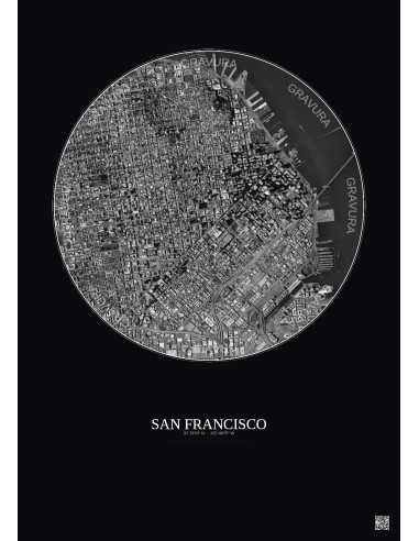 Affiche San Francisco – Poster vue satellite 2.5km N&B | Gravura – Fond foncé