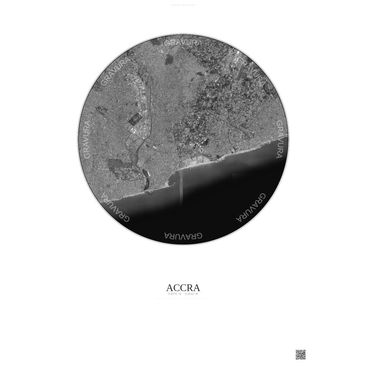 Affiche Accra – Poster vue satellite 6km N&B | Gravura – Fond clair