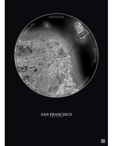 Affiche San Francisco – Poster vue satellite 6km N&B | Gravura – Fond foncé