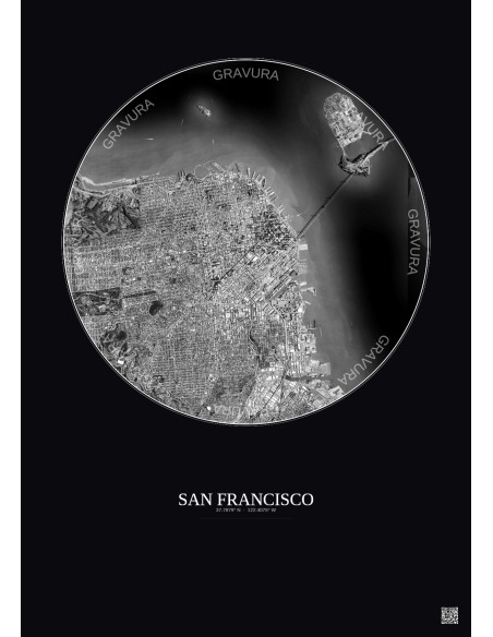 Affiche San Francisco – Poster vue satellite 6km N&B | Gravura – Fond foncé