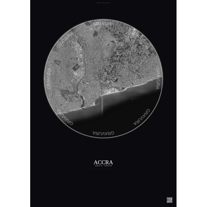 Accra Satellite View Poster 6km B&W | Gravura – Dark background