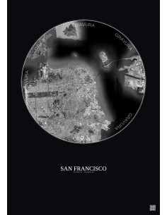 Affiche San Francisco – Poster vue satellite 10km N&B | Gravura – Fond foncé