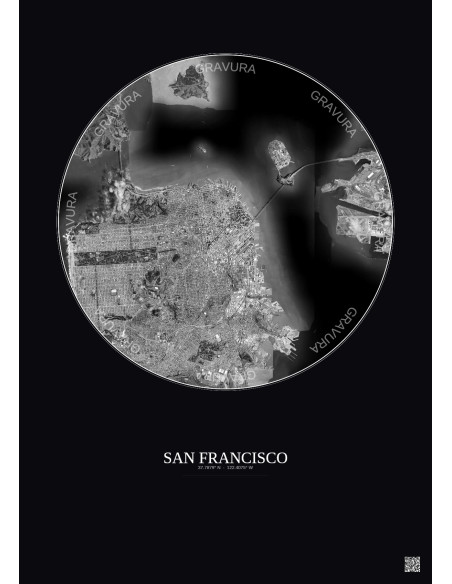 Affiche San Francisco – Poster vue satellite 10km N&B | Gravura – Fond foncé