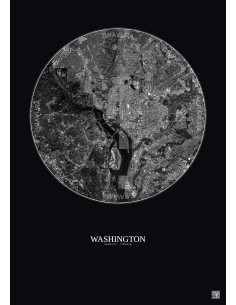 Affiche Washington – Poster vue satellite 10km N&B | Gravura – Fond foncé