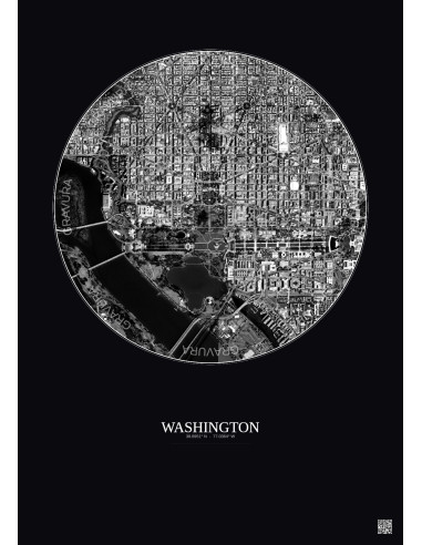 Affiche Washington – Poster vue satellite 2.5km N&B | Gravura – Fond foncé