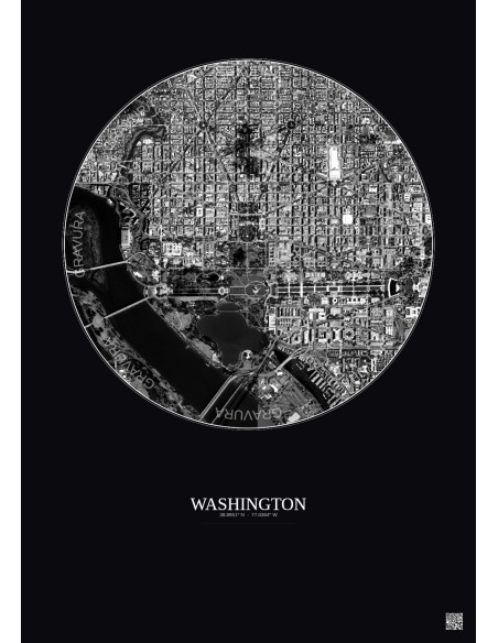 Affiche Washington – Poster vue satellite 2.5km N&B | Gravura – Fond foncé