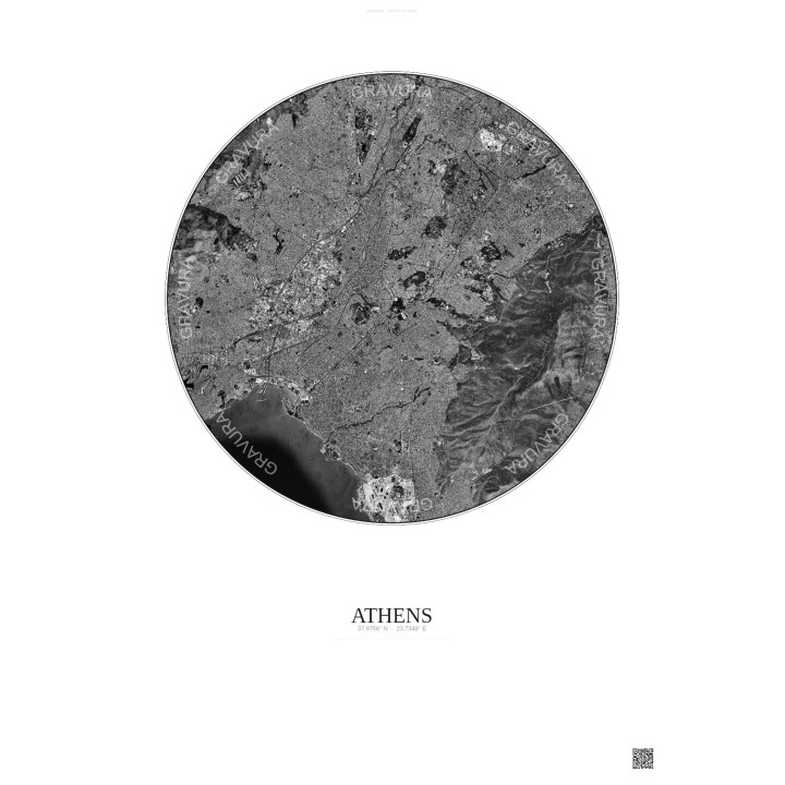 Affiche Athens – Poster vue satellite 10km N&B | Gravura – Fond clair