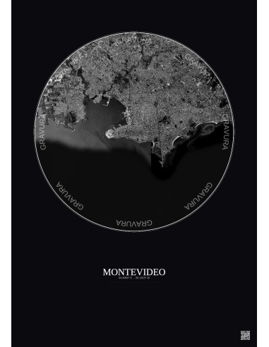 Affiche Montevideo – Poster vue satellite 10km N&B | Gravura – Fond foncé