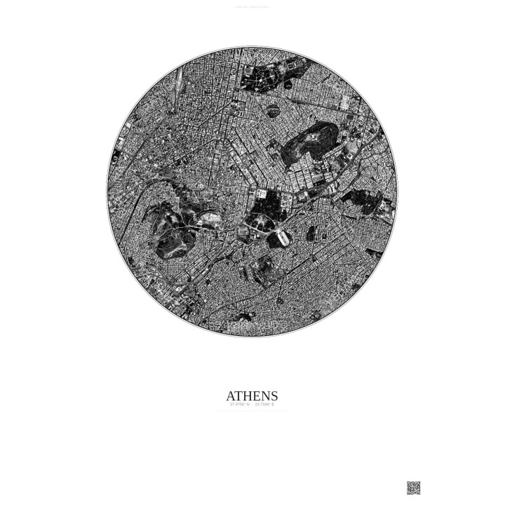 Affiche Athens – Poster vue satellite 2.5km N&B | Gravura – Fond clair