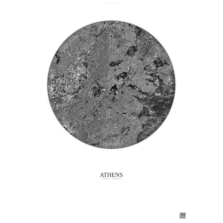 Affiche Athens – Poster vue satellite 6km N&B | Gravura – Fond clair