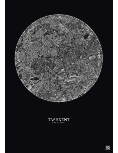 Affiche Tashkent – Poster vue satellite 10km N&B | Gravura – Fond foncé