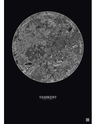 Affiche Tashkent – Poster vue satellite 10km N&B | Gravura – Fond foncé