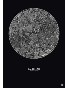 Affiche Tashkent – Poster vue satellite 6km N&B | Gravura – Fond foncé