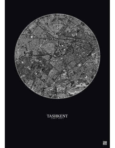 Affiche Tashkent – Poster vue satellite 6km N&B | Gravura – Fond foncé