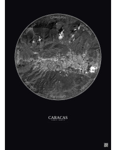 Affiche Caracas – Poster vue satellite 10km N&B | Gravura – Fond foncé