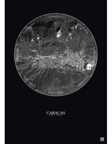 Affiche Caracas – Poster vue satellite 10km N&B | Gravura – Fond foncé