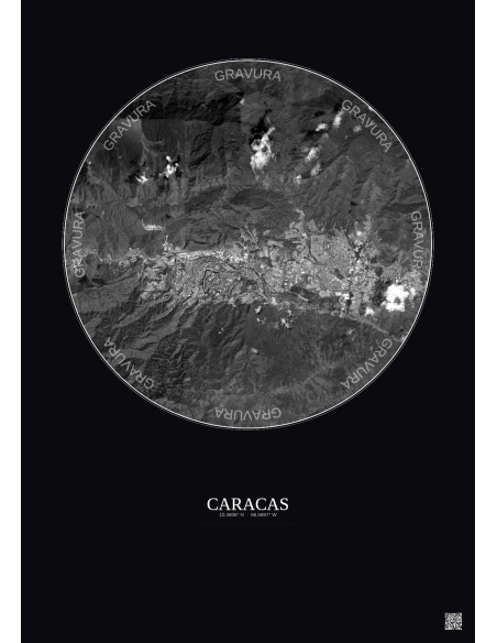 Affiche Caracas – Poster vue satellite 10km N&B | Gravura – Fond foncé